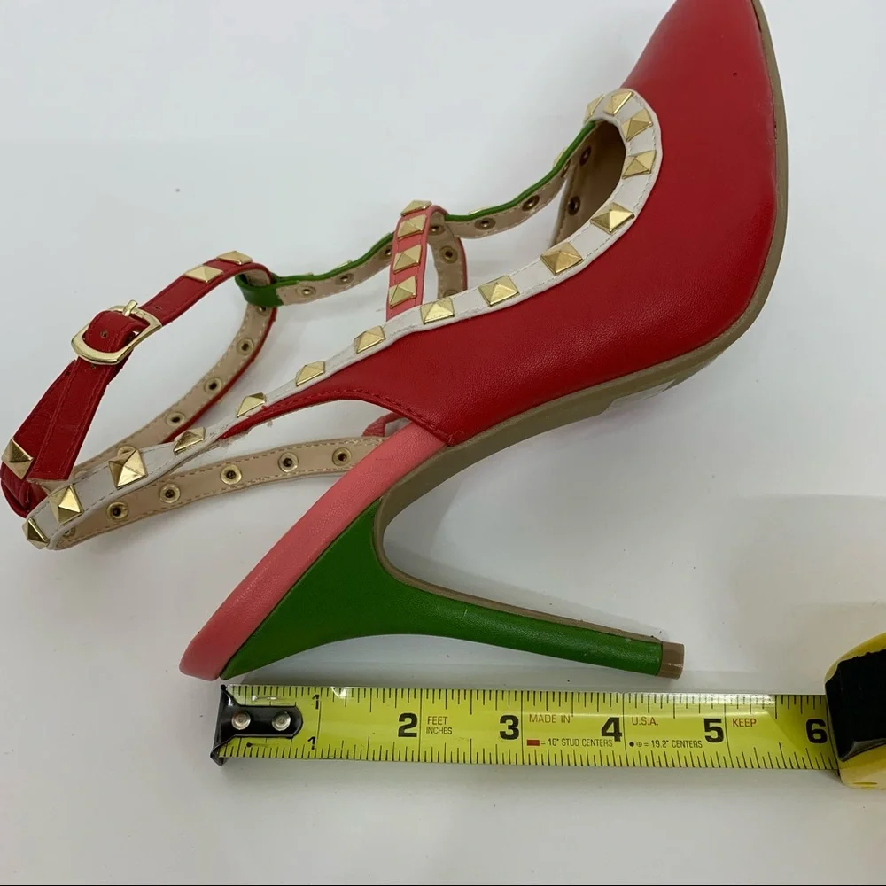 Wild Diva Lounge Red Pink Green White Colorblock Gold Studded T-Strap High Heels